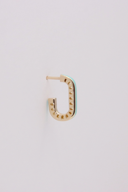 Zafrah 14k solid gold rectangular stud earring featuring a dainty turquoise inlay and curved edges.