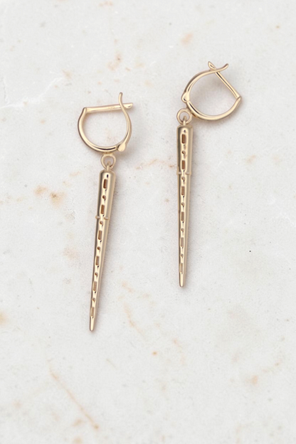 Zafrah 14k solid gold drop hoop earrings featuring polished spiked charms with a dangling design