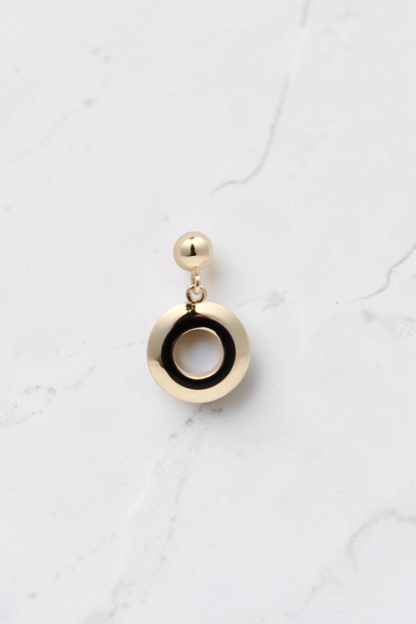 Zafrah 14k solid gold circle drop earrings featuring a black and white enamel inlay design
