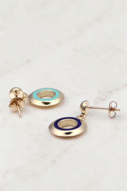 Zafrah 14k gold circle earrings featuring turquoise and blue enamel inlay in a classic drop style