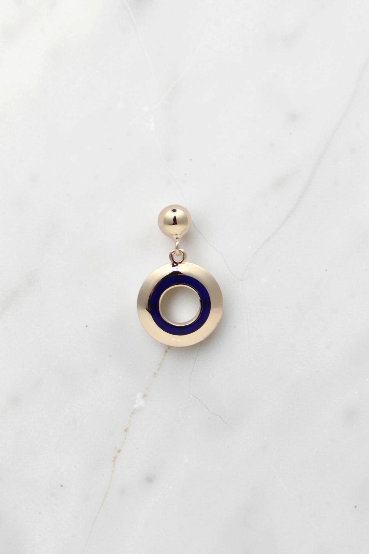 Zafrah 14k solid gold circle earrings featuring a blue enamel inlay in a classic drop style