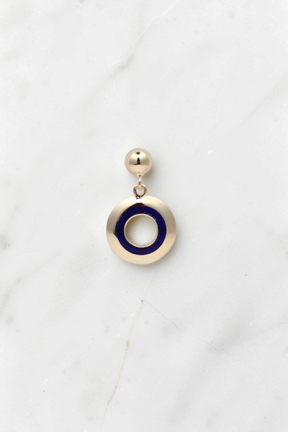 Zafrah 14k solid gold circle drop earrings featuring a polished gold finish and a vibrant blue enamel inlay.