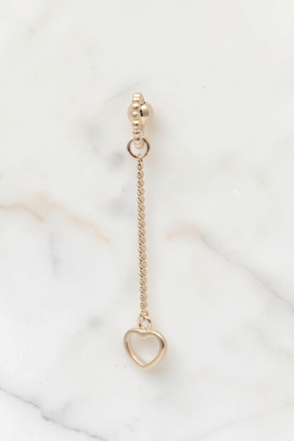 Zafrah 14k solid gold drop earrings featuring a beaded ring, delicate chain, and open heart charm.