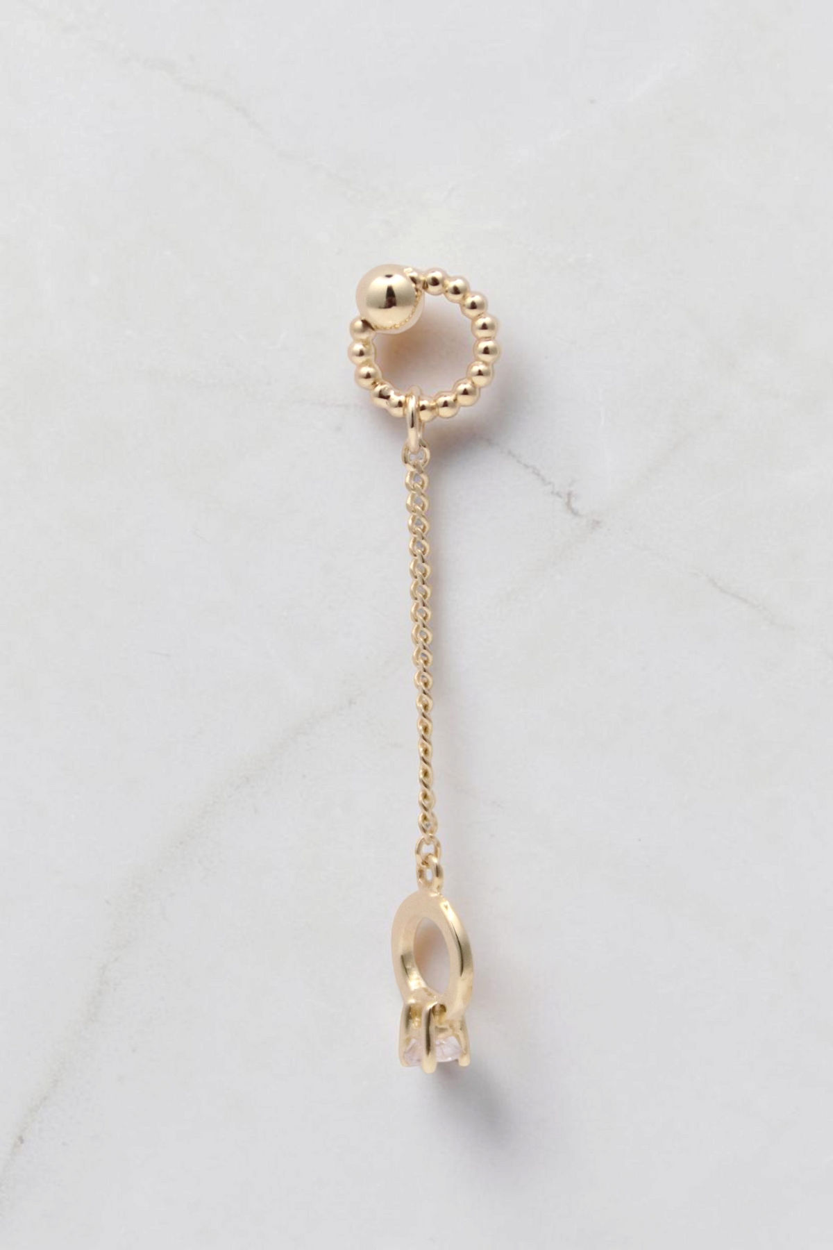 Zafrah 14k solid gold drop earrings featuring a beaded ring, delicate chain, open heart, and a small CZ stone charm.