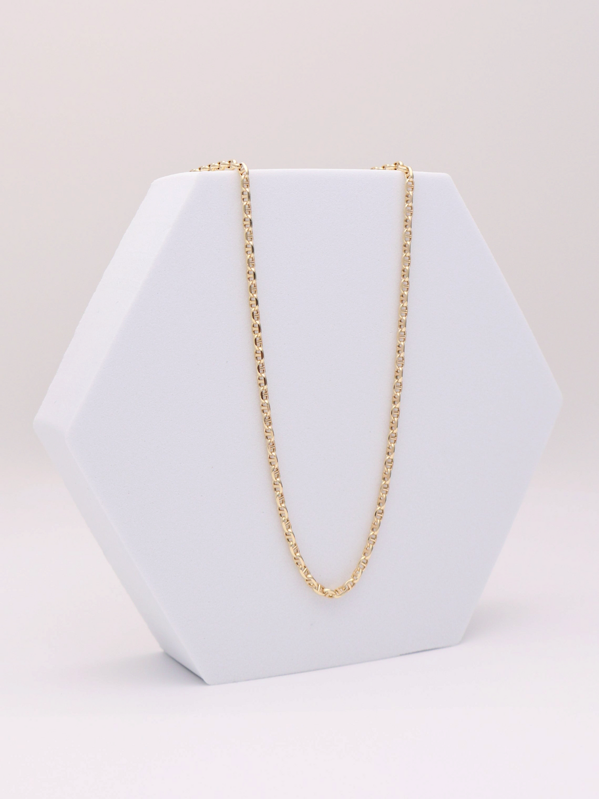 Zafrah 14k yellow gold 2.5mm mariners link chain necklace measuring 19.5 inches in length.