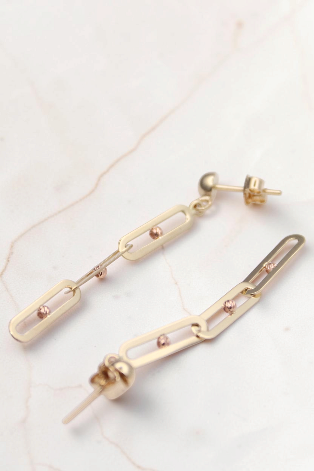 Zafrah 14k solid gold paperclip link dangle drop stud earrings with delicate bead accents for a chic everyday look.