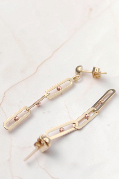 Zafrah 14k solid gold paperclip link dangle drop stud earrings with delicate bead accents for a chic everyday look.