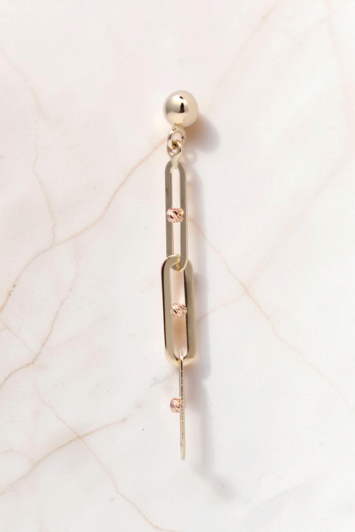 Zafrah 14k solid gold paperclip link chain dangle drop stud earrings with delicate textured bead accents.