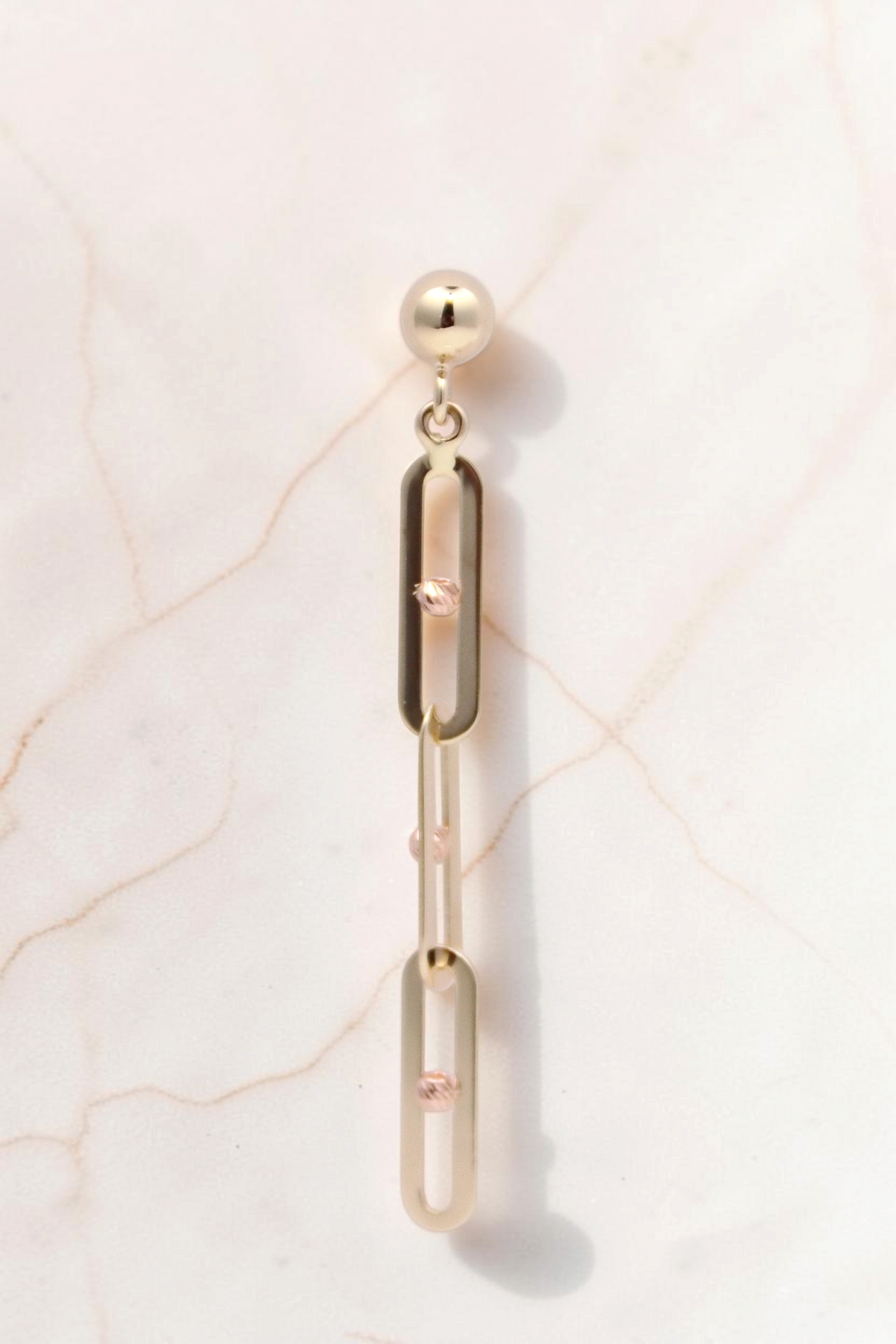 Zafrah 14k solid gold paperclip link chain dangle drop stud earrings with polished and textured bead accents.