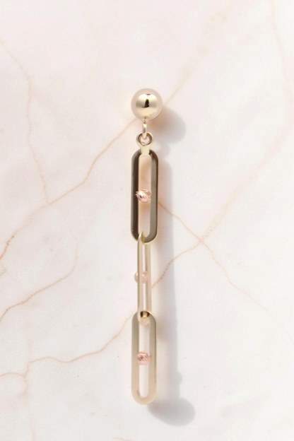 Zafrah 14k solid gold paperclip link chain dangle drop stud earrings with polished and textured bead accents.