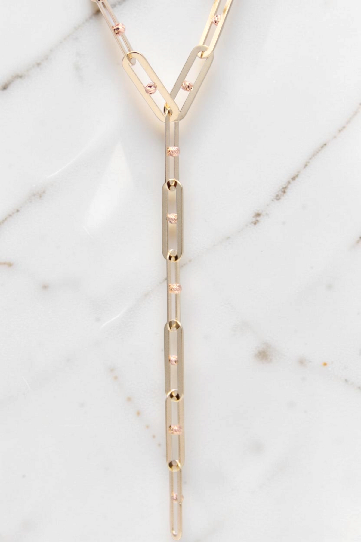 Zafrah 14k solid gold paperclip link Y necklace with delicate textured rose gold bead accents