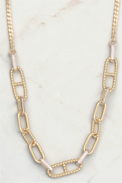 Zafrah 14k solid gold paperclip and oval link necklace with diamond accents, 18 inches long.