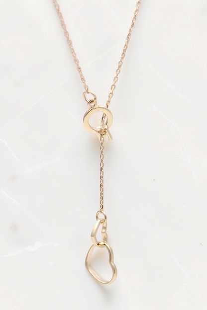 Zafrah 14k solid gold double heart drop pendant on an 18-inch cable chain necklace