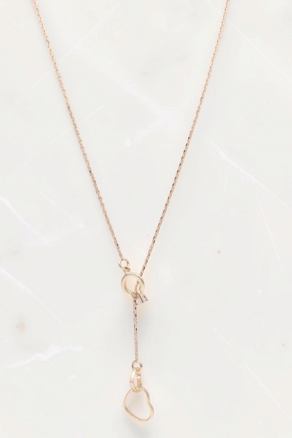 Zafrah 14k solid gold cable chain necklace featuring a delicate double heart drop pendant on an 18-inch chain.