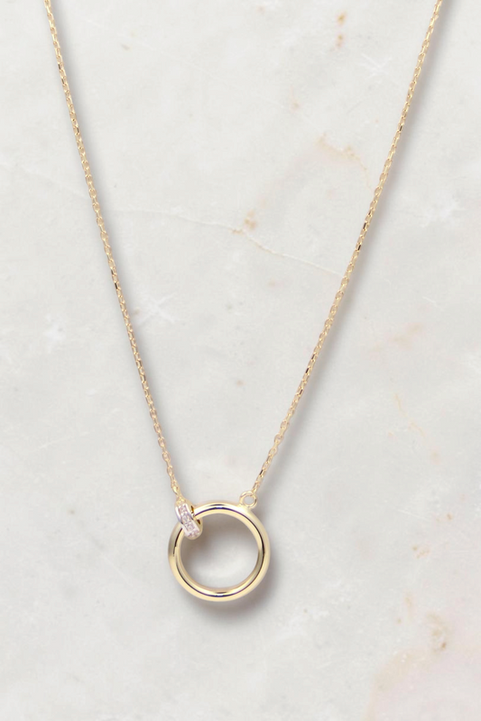 Zafrah 14k yellow gold ring pendant necklace on an 18-inch cable chain with a small diamond accent