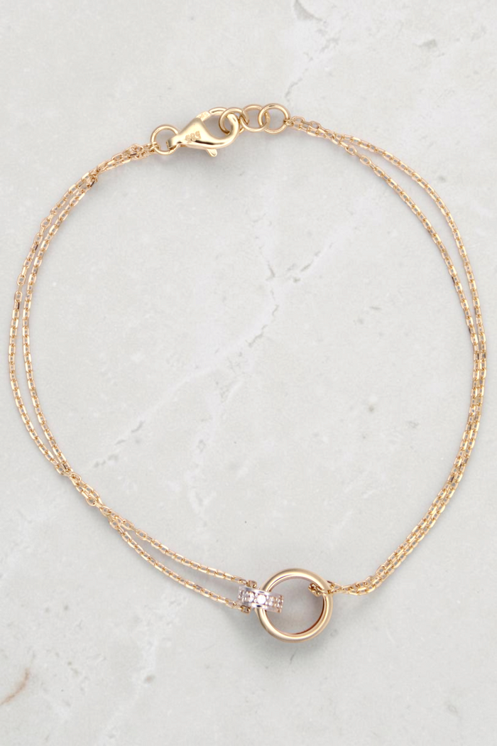 Zafrah 14k solid gold double cable chain bracelet with a round link charm and lobster clasp, 7 inches long.