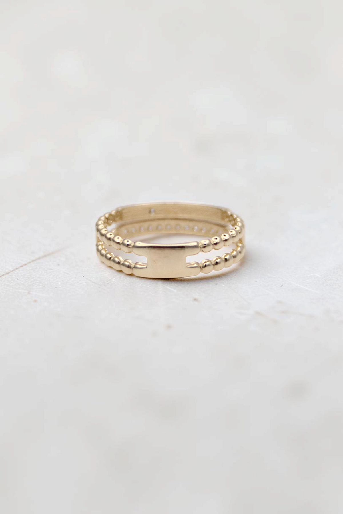 Zafrah 14k solid gold double beaded band ring featuring round clear stones in a size 7 design.