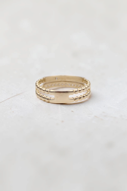 Zafrah 14k solid gold double beaded band ring featuring round clear stones in a size 7 design.