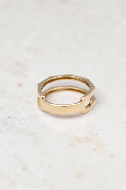 Zafrah 14k yellow gold double geometric band ring with flat edges and a modern minimalist design.