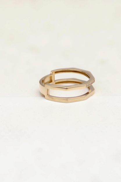 Zafrah double geometric band ring in solid 14k yellow gold with flat edges on a white background