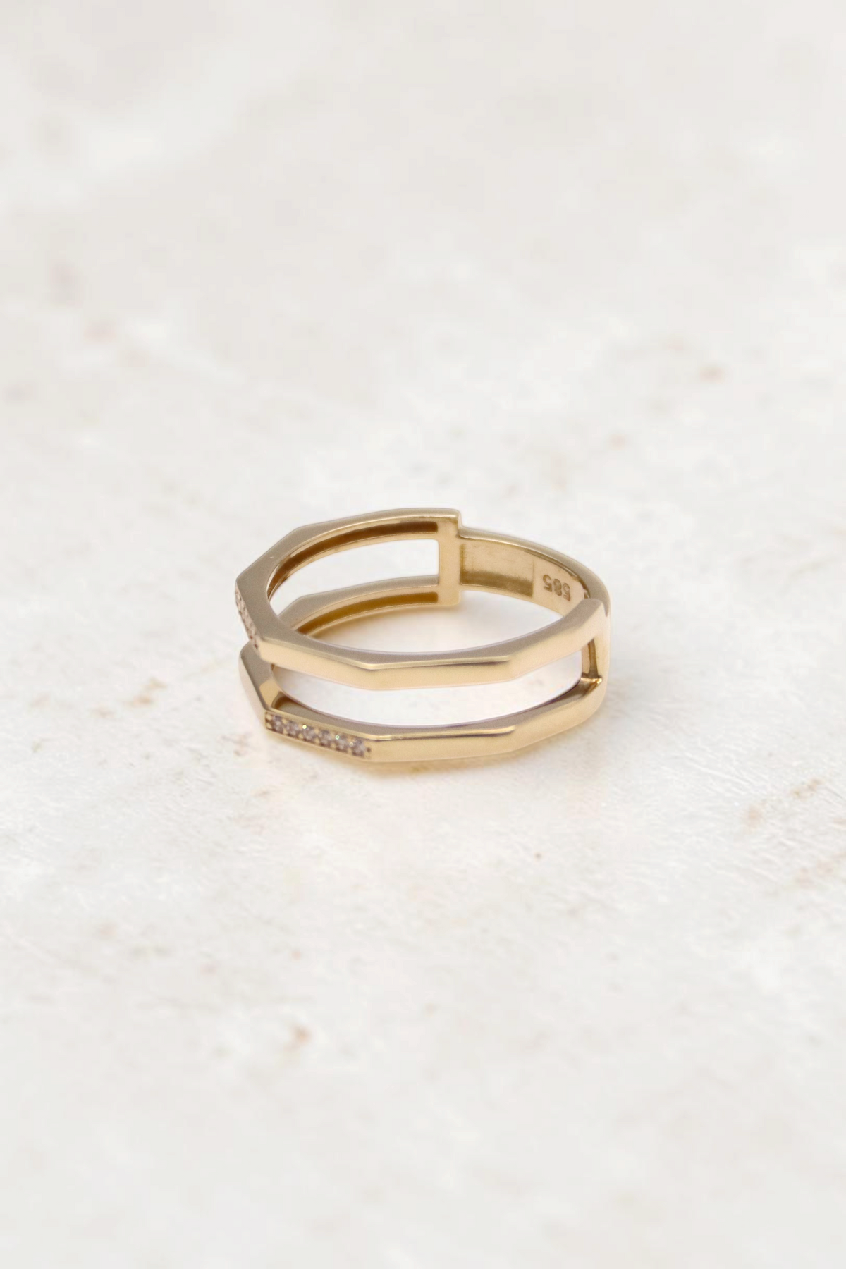 Zafrah double geometric band ring in solid 14k yellow gold with flat edges and delicate accent stones