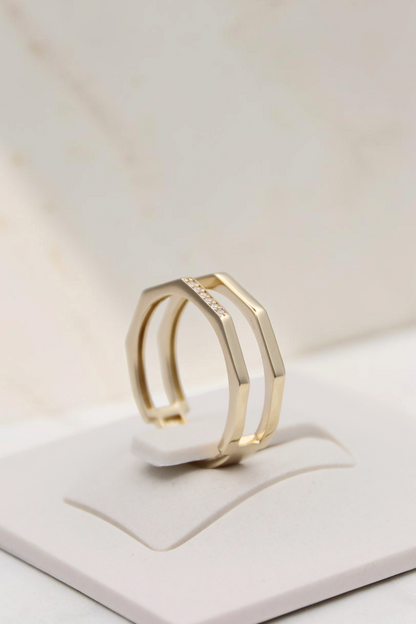 Zafrah double geometric band ring in solid 14k yellow gold with flat edges and delicate accent stones