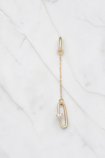 Zafrah 14k solid gold paperclip drop earrings featuring a delicate chain and a small diamond accent link