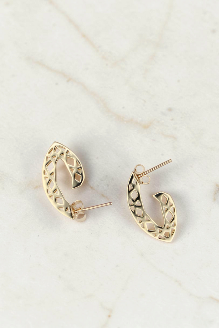 Zafrah 14k solid gold earrings featuring a delicate openwork geometric triangle pattern on a white background.