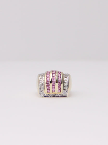 14K Yellow Gold Vintage Pink Sapphire and Diamond Ring