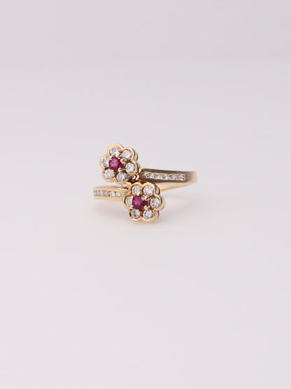 14K Yellow Gold Flower Pink Topaz and Diamond Ring