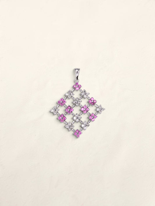 14K White Gold Pink Sapphire and Diamond Mesh Pendant