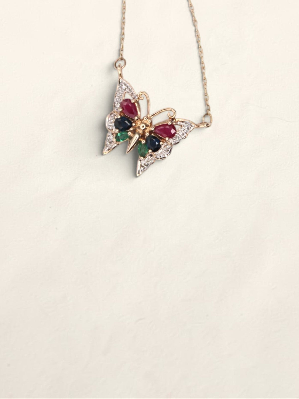 14K Yellow Gold Multi Gemstone Butterfly Pendant Necklace