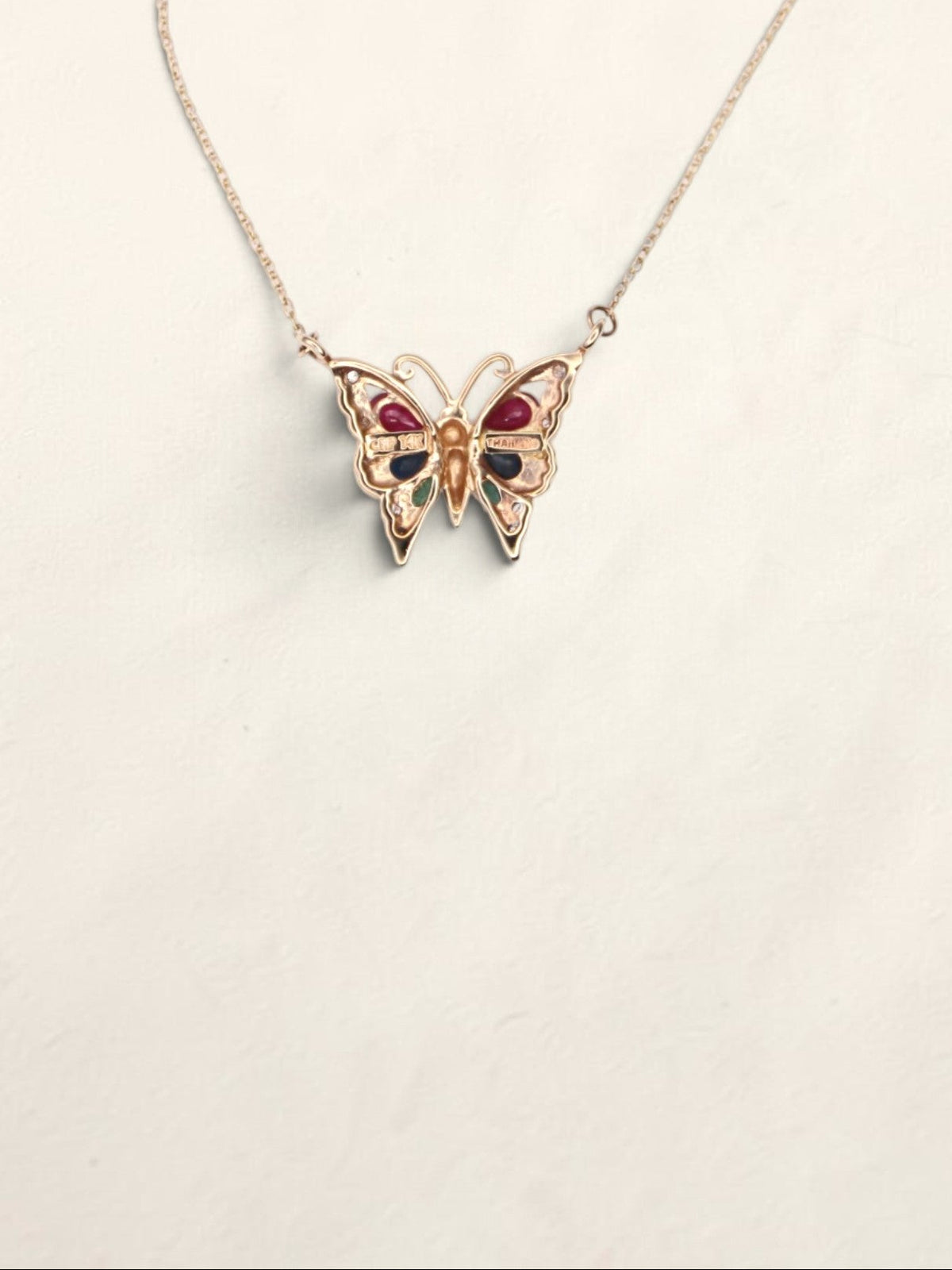 14K Yellow Gold Multi Gemstone Butterfly Pendant Necklace