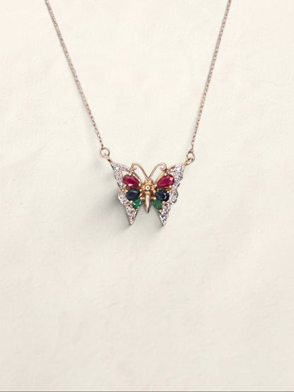 14K Yellow Gold Multi Gemstone Butterfly Pendant Necklace