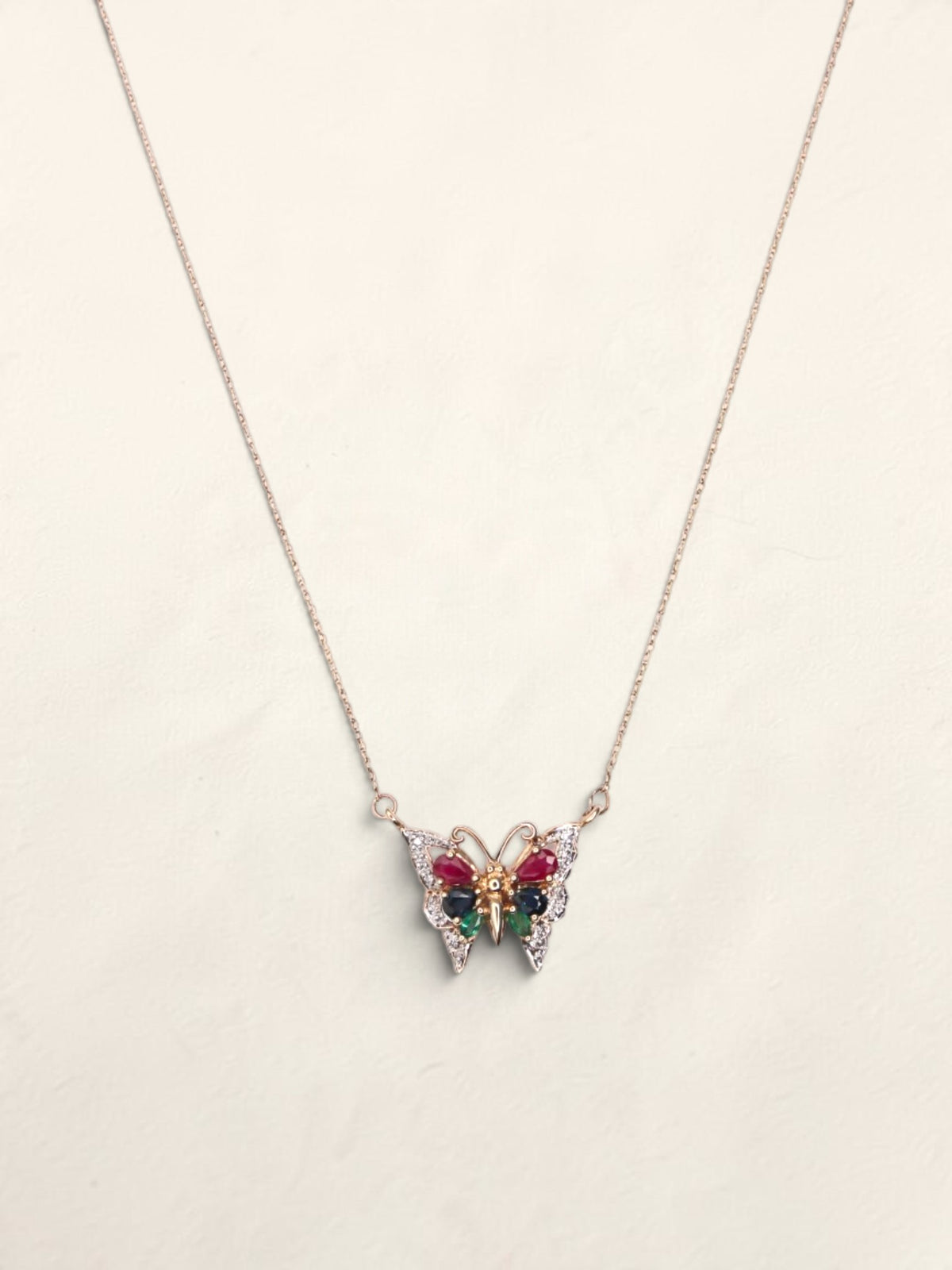 14K Yellow Gold Multi Gemstone Butterfly Pendant Necklace
