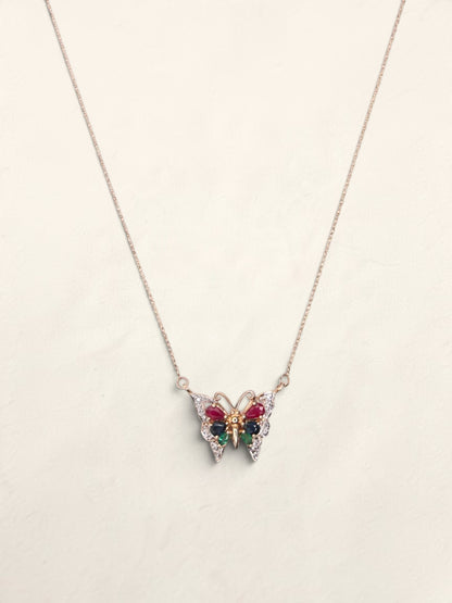 14K Yellow Gold Multi Gemstone Butterfly Pendant Necklace