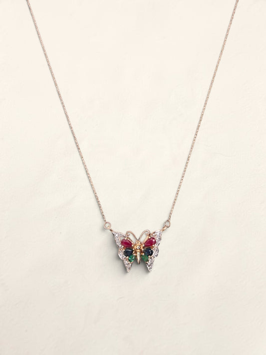 14K Yellow Gold Multi Gemstone Butterfly Pendant Necklace
