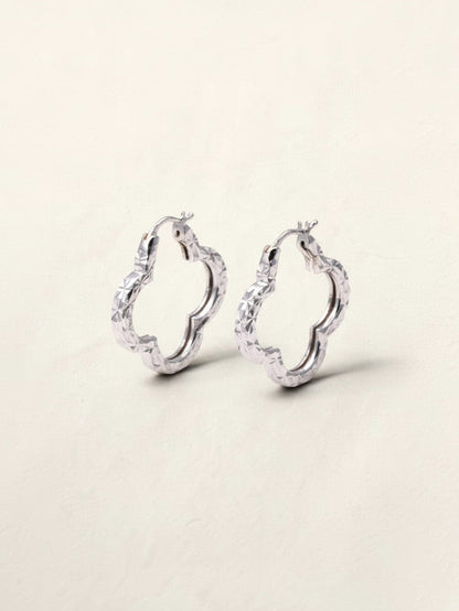 18K White Gold Clover Hoops