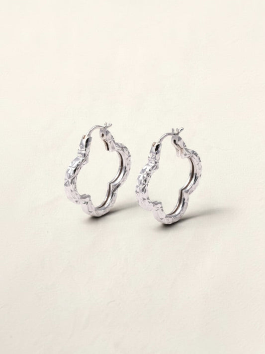 18K White Gold Clover Hoops
