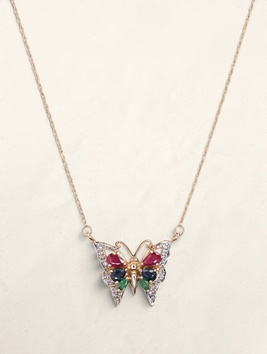 14K Yellow Gold Multi Gemstone Butterfly Pendant Necklace