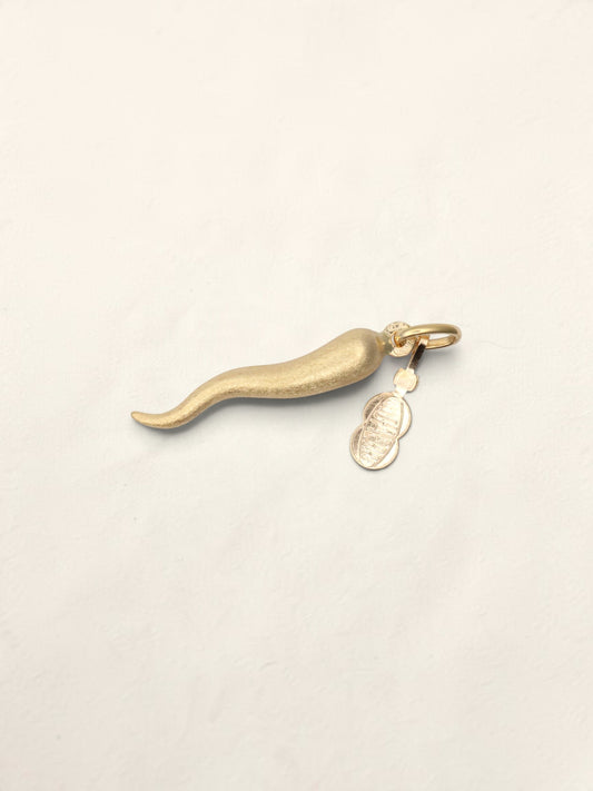 18K Yellow Gold Brushed Italian Horn Pendant