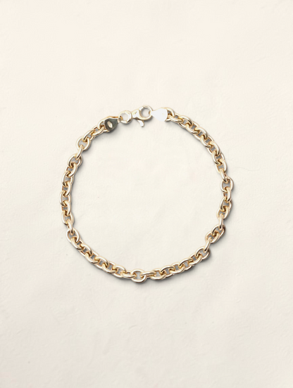 Zafrah 14K yellow gold rolo link bracelet with a lobster clasp, 7.5 inches long and 5.25mm wide.