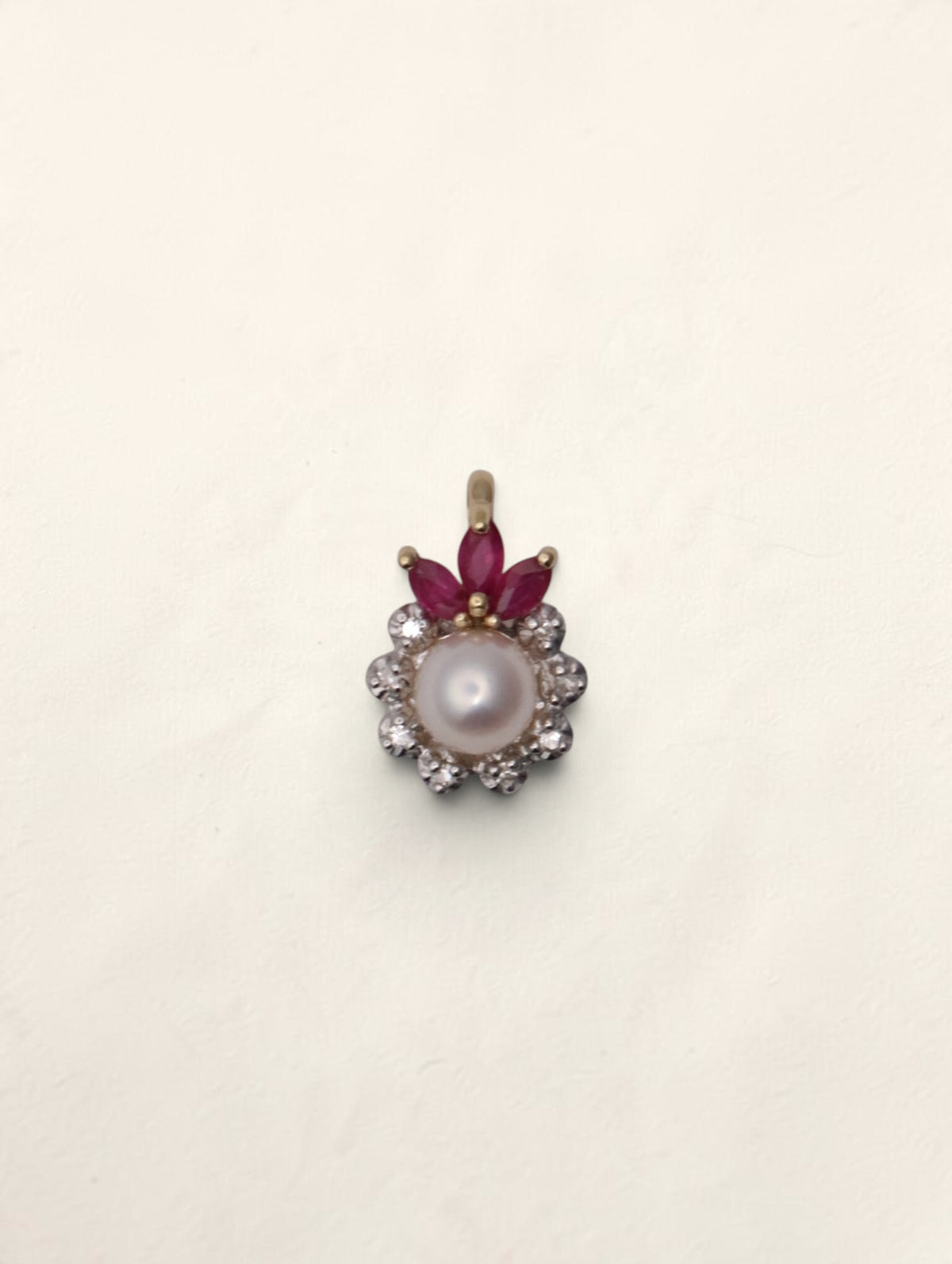 14K Yellow Gold Pearl Ruby and Diamond Pendant