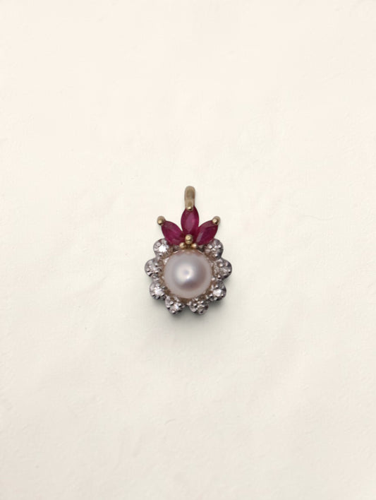14K Yellow Gold Pearl Ruby and Diamond Pendant