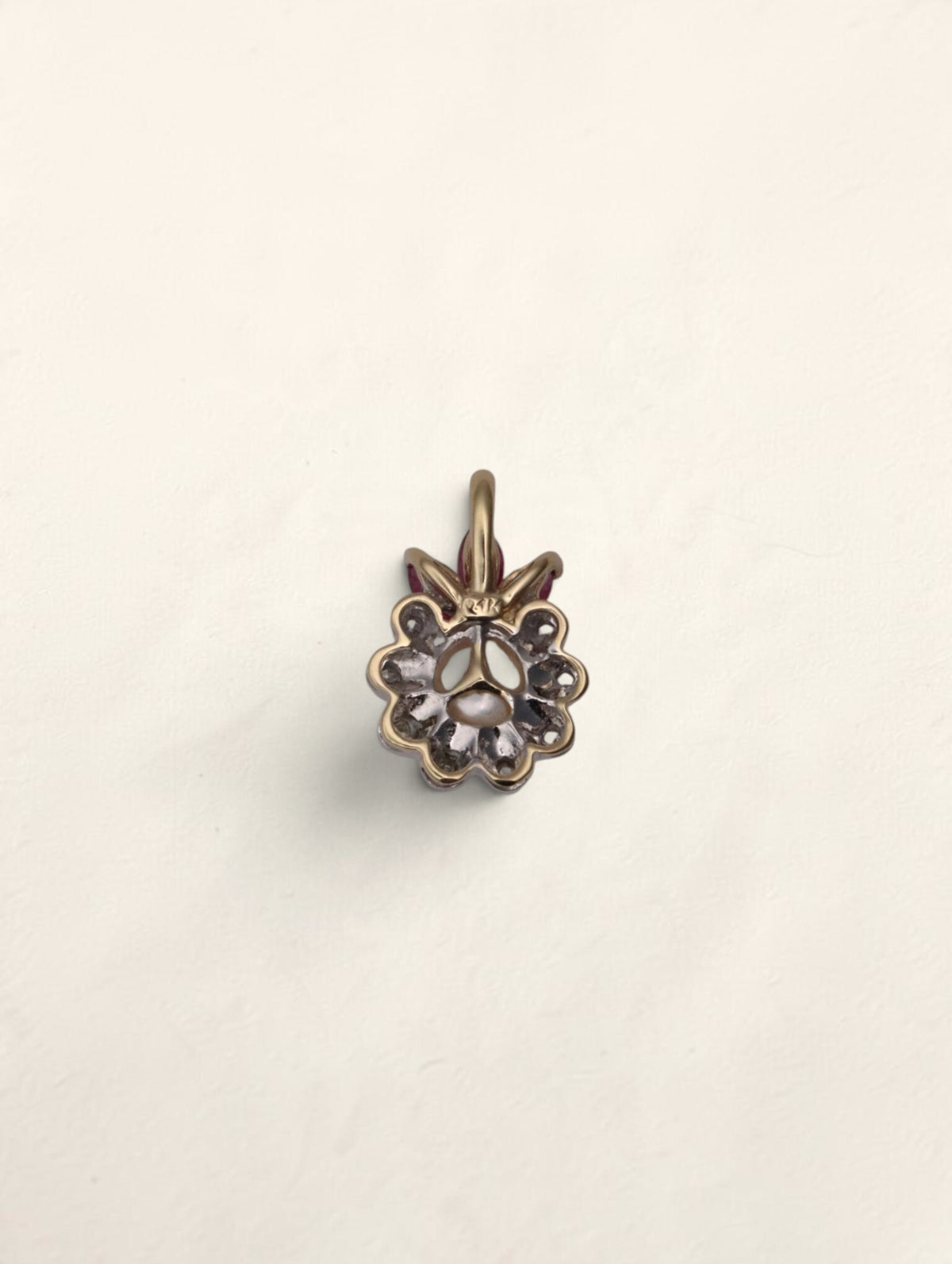 14K Yellow Gold Pearl Ruby and Diamond Pendant