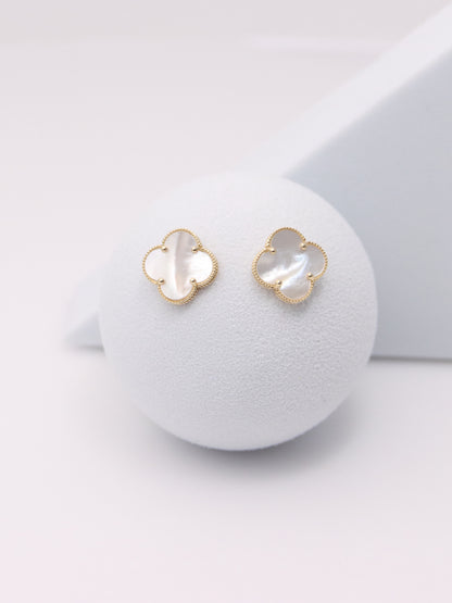 14K Yellow Gold Mother of Pearl Clover Earrings