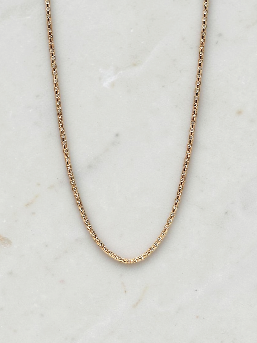 Zafrah 14k yellow gold 2mm square rolo chain necklace measuring 19.5 inches in length