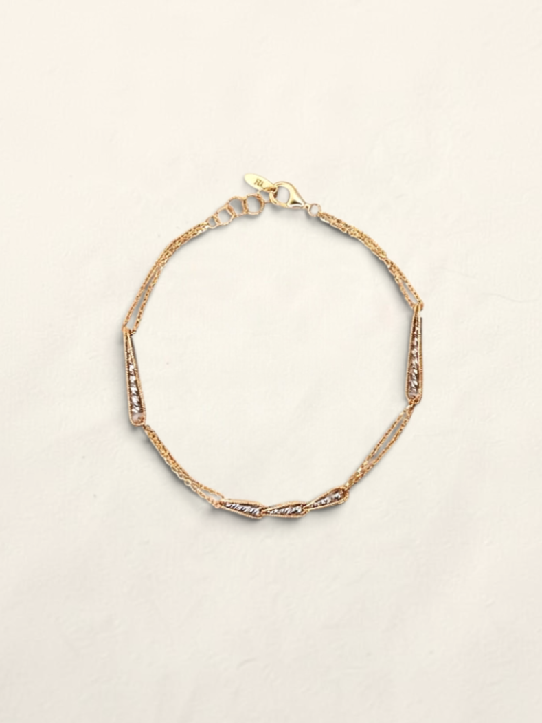 Zafrah 14K two-tone gold double chain station bracelet with adjustable 7 to 7.5 inch length