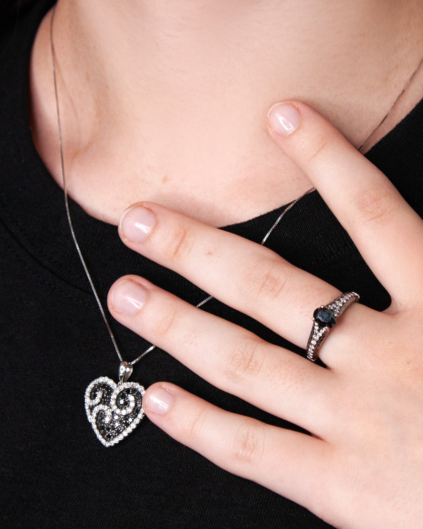 14K White Gold Black & White Diamond Heart Pendant