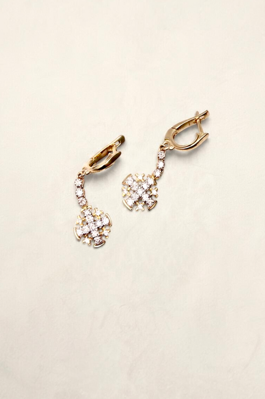 Zafrah 14K yellow gold drop earrings featuring diamond-encrusted cross charms with secure latch back closures.